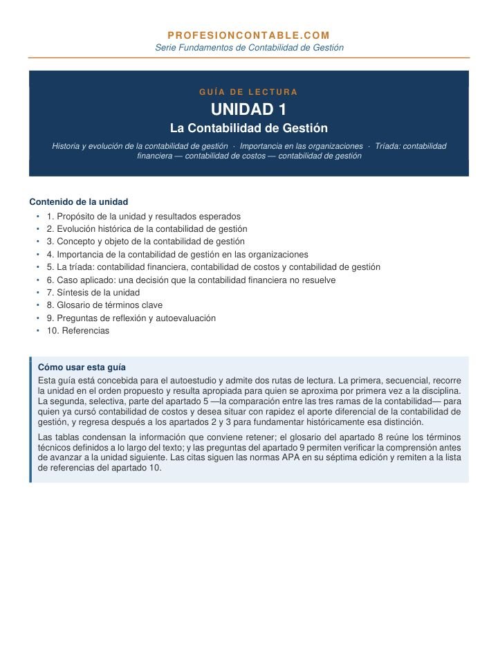 Primera página de Guia Lectura Gestion U1 Contabilidad de Gestion