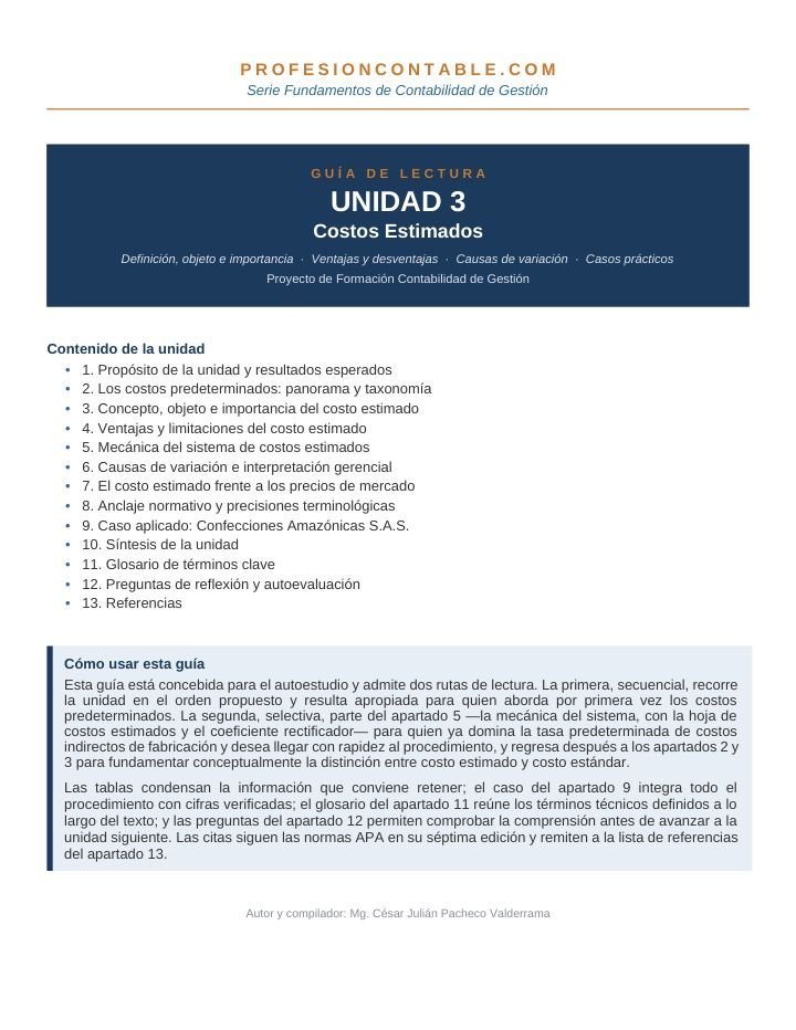 Primera página de Guia Lectura Gestion U3 Costos Estimados