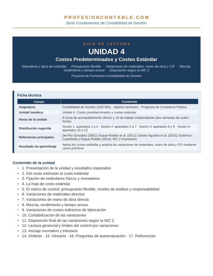 Primera página de Guia Lectura Gestion U4 Costeo Estandar