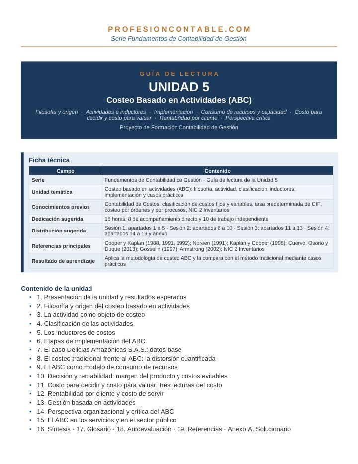 Primera página de Guia Lectura Gestion U5 Costeo ABC