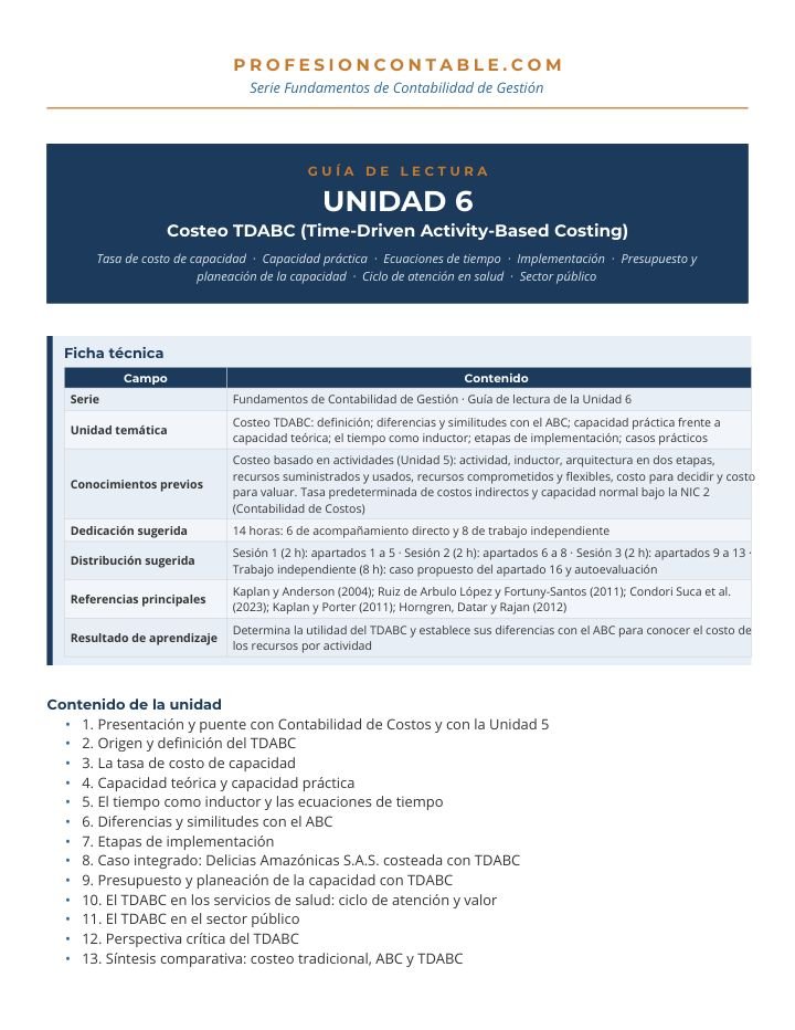 Primera página de Guia Lectura Gestion U6 Costeo TDABC