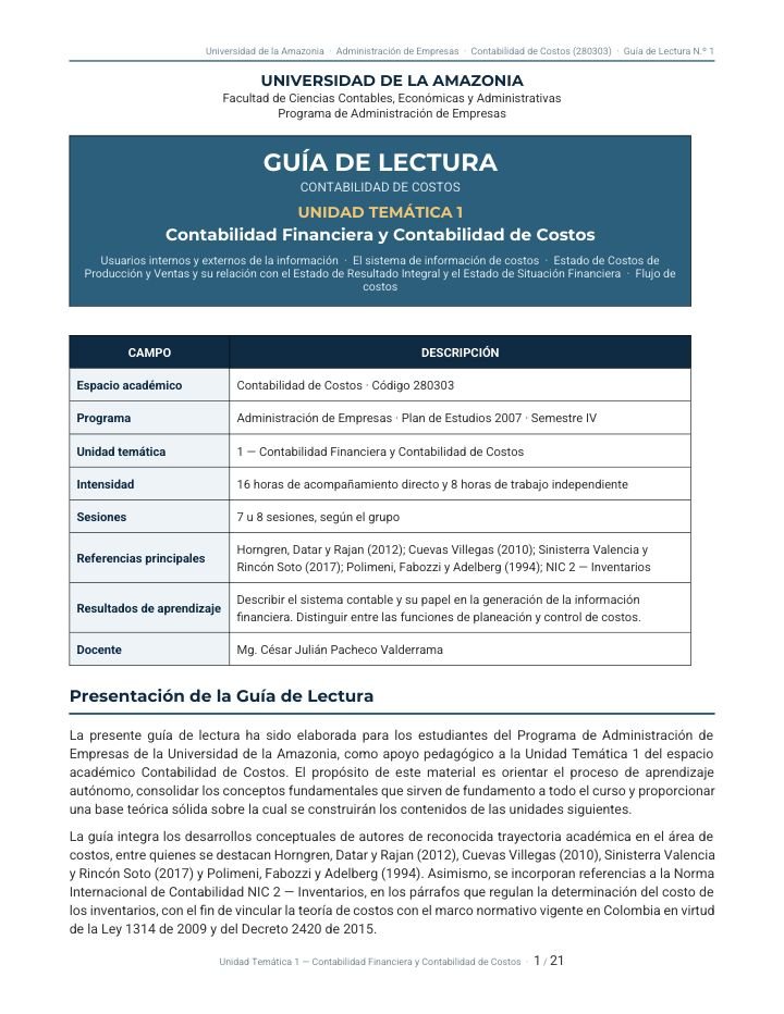 Primera página de Guia Lectura U1 Contabilidad Financiera y de Costos