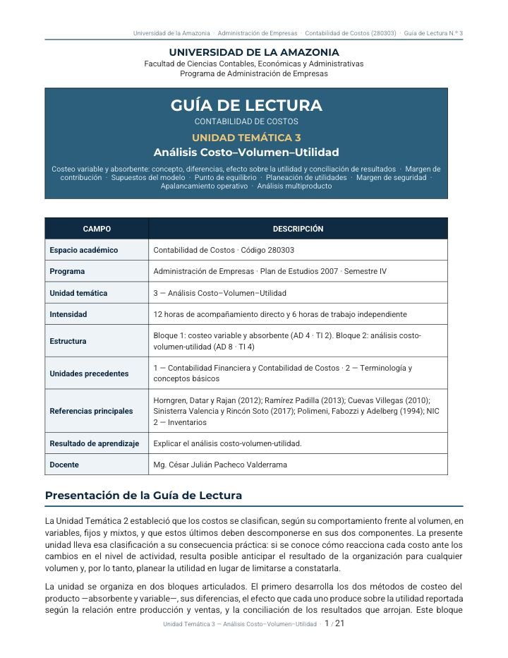 Primera página de Guia Lectura U3 Analisis Costo Volumen Utilidad