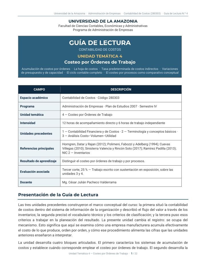 Primera página de Guia Lectura U4 Costeo por Ordenes de Trabajo