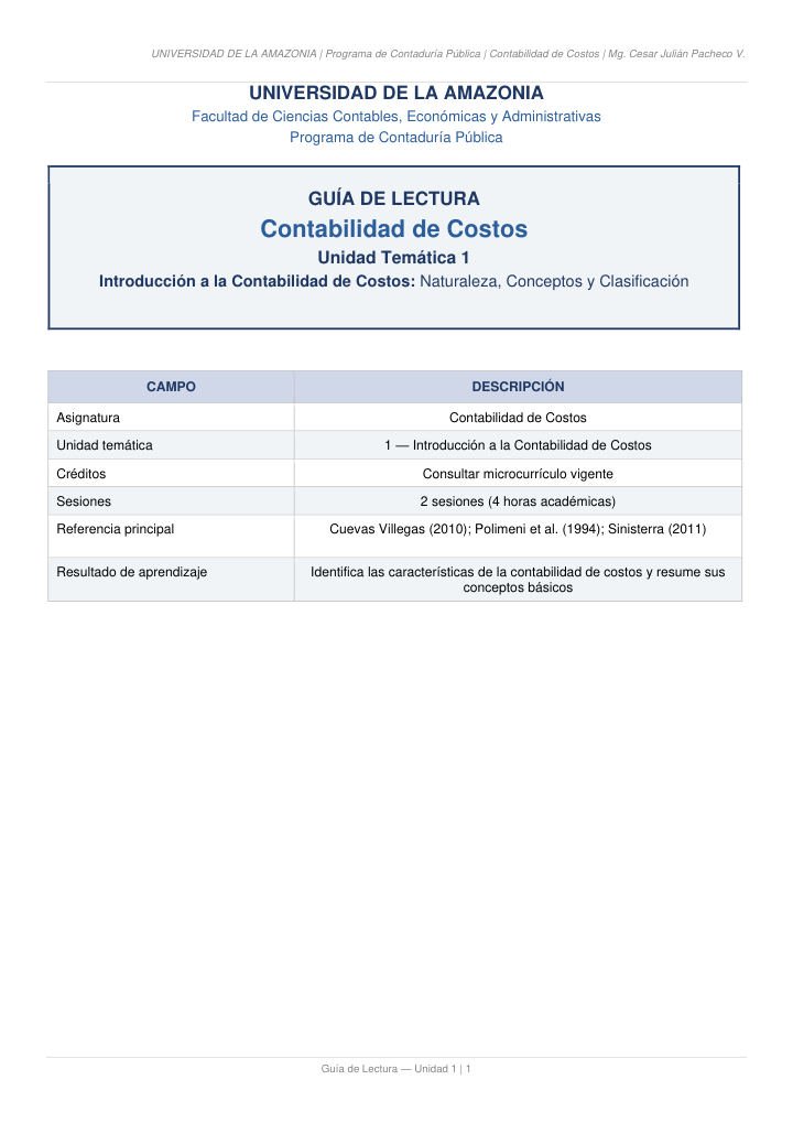 Primera página de Guia Lectura Unidad1 ContabilidadCostos