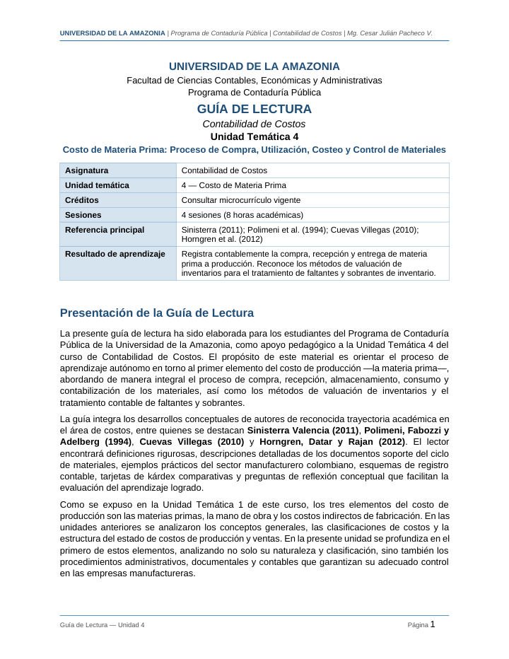 Primera página de Guia Lectura Unidad4 ContabilidadCostos