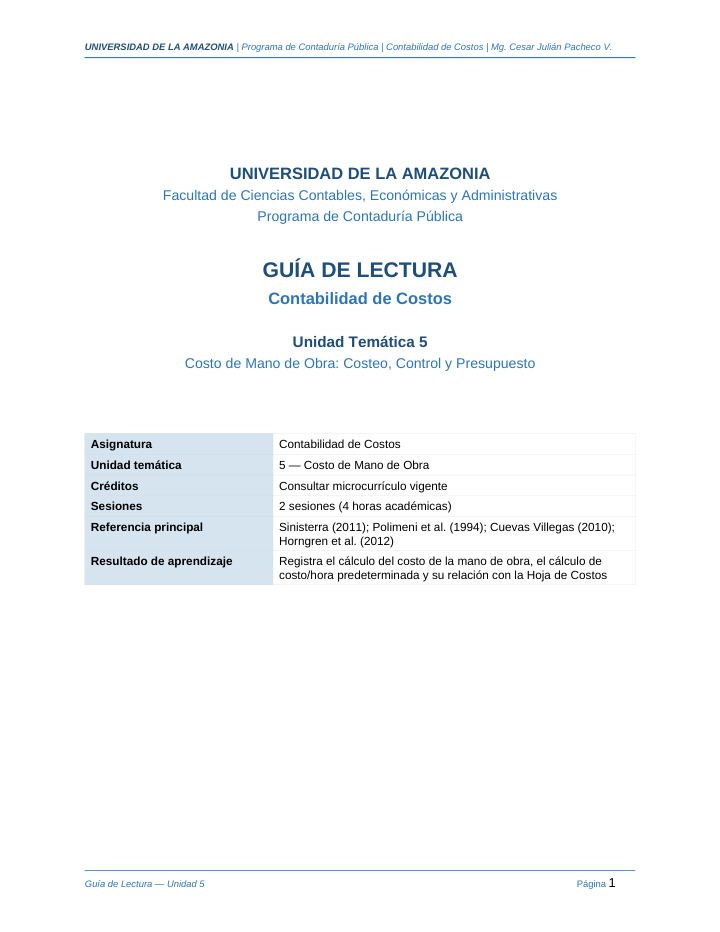 Primera página de Guia Lectura Unidad5 ContabilidadCostos