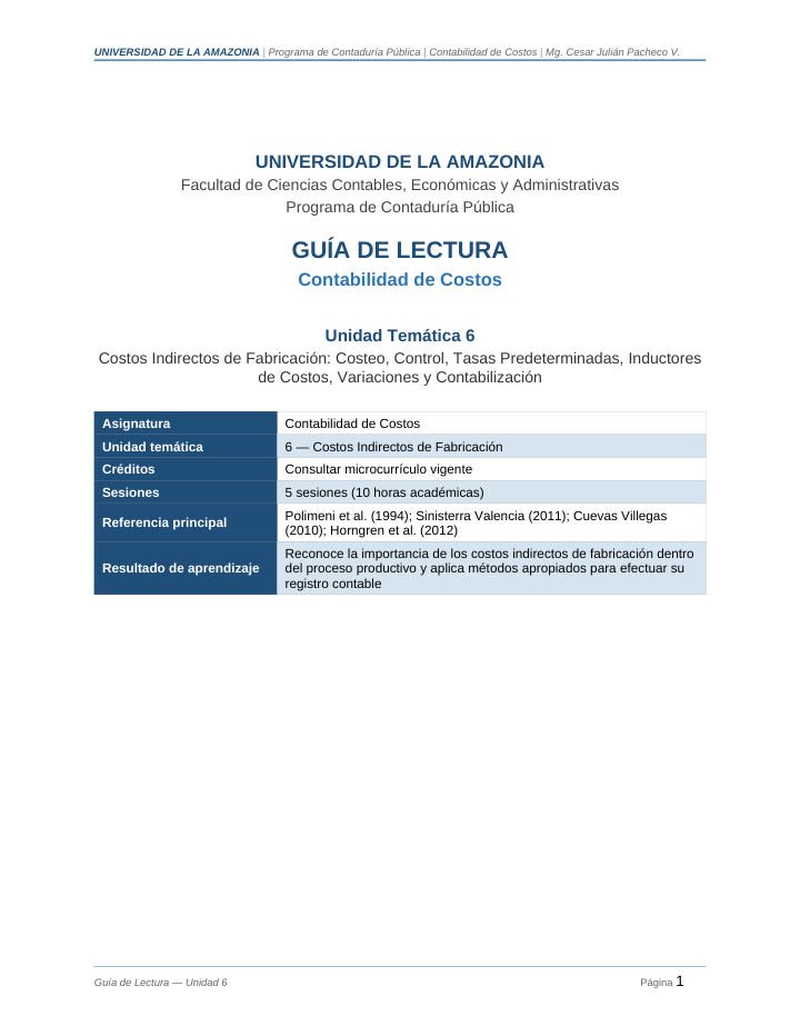Primera página de Guia Lectura Unidad6 ContabilidadCostos
